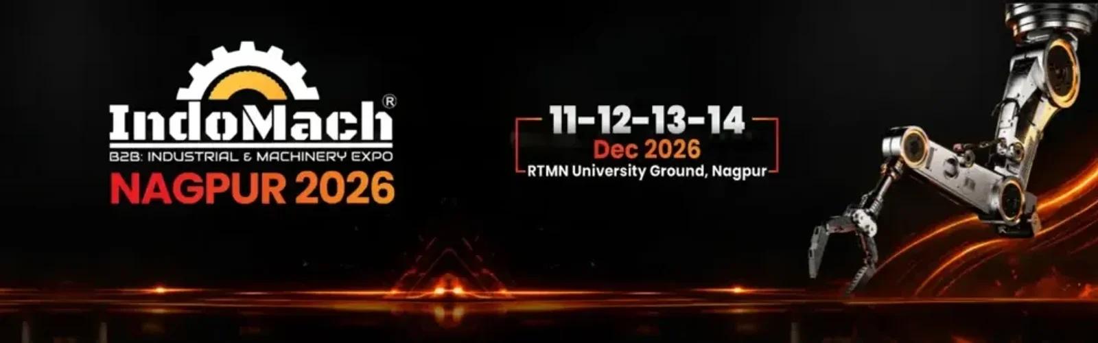INDOMACH Nagpur 2026 poster: 11–14 December 2026, RTMN University Ground, Nagpur